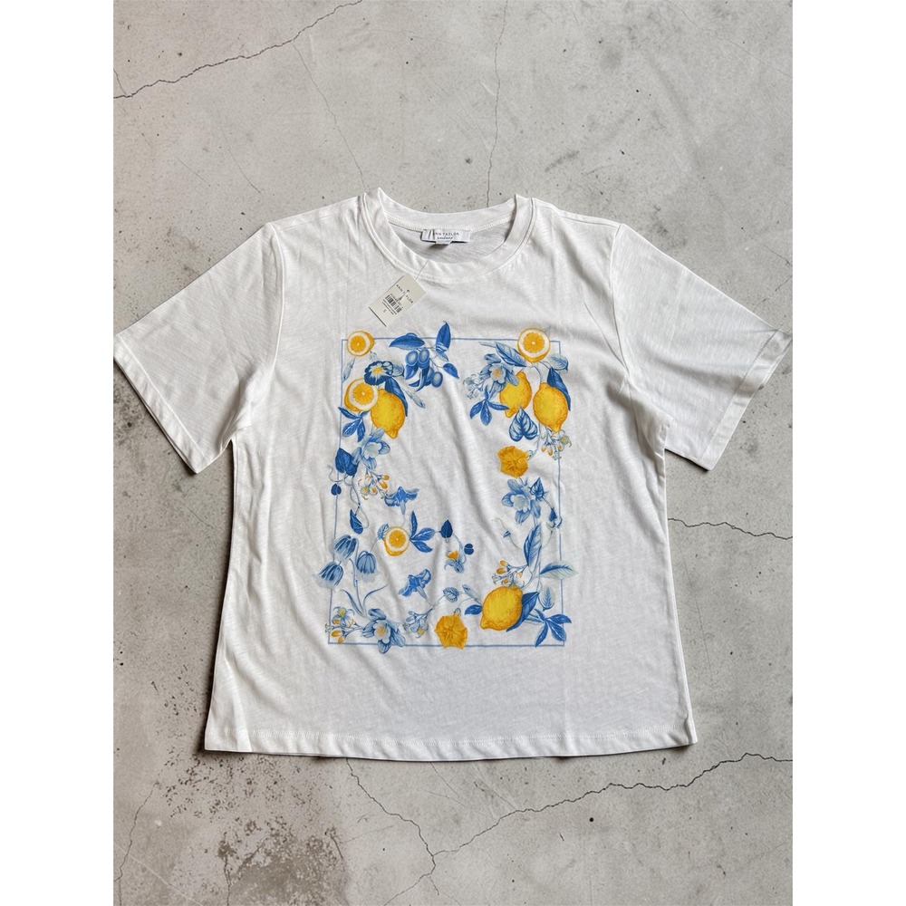 Ann Taylor Weekend White Lemon Floral Graphic Tee Cotton Short Sleeve Shirt S